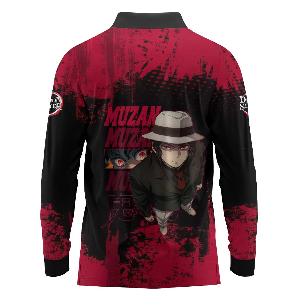 Muzan Kibutsuji Demon Slayer Red Grunge Design Long Sleeve Polo Shirt with Intense Eyes and Hat Outfit Pose - The Mazicc