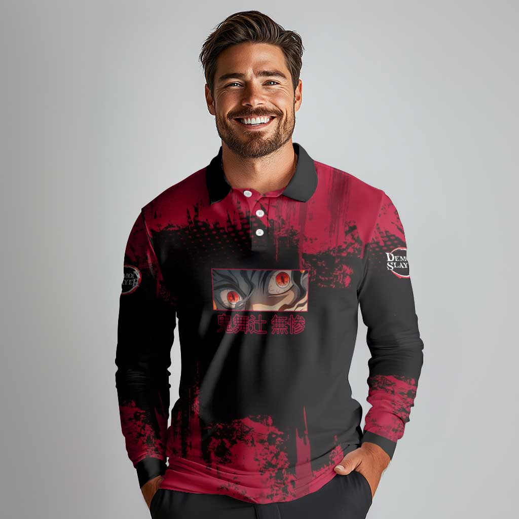 Muzan Kibutsuji Demon Slayer Red Grunge Design Long Sleeve Polo Shirt with Intense Eyes and Hat Outfit Pose - The Mazicc