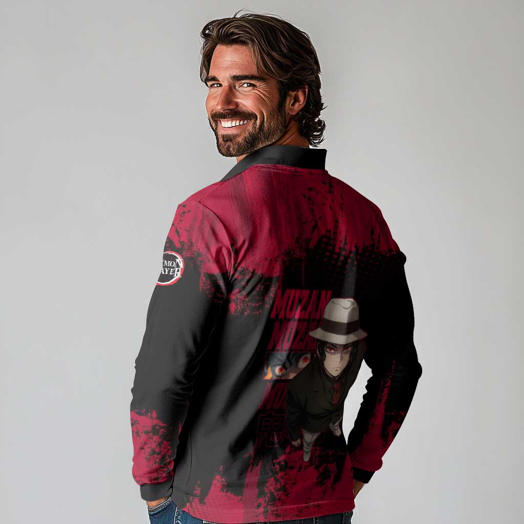 Muzan Kibutsuji Demon Slayer Red Grunge Design Long Sleeve Polo Shirt with Intense Eyes and Hat Outfit Pose - The Mazicc