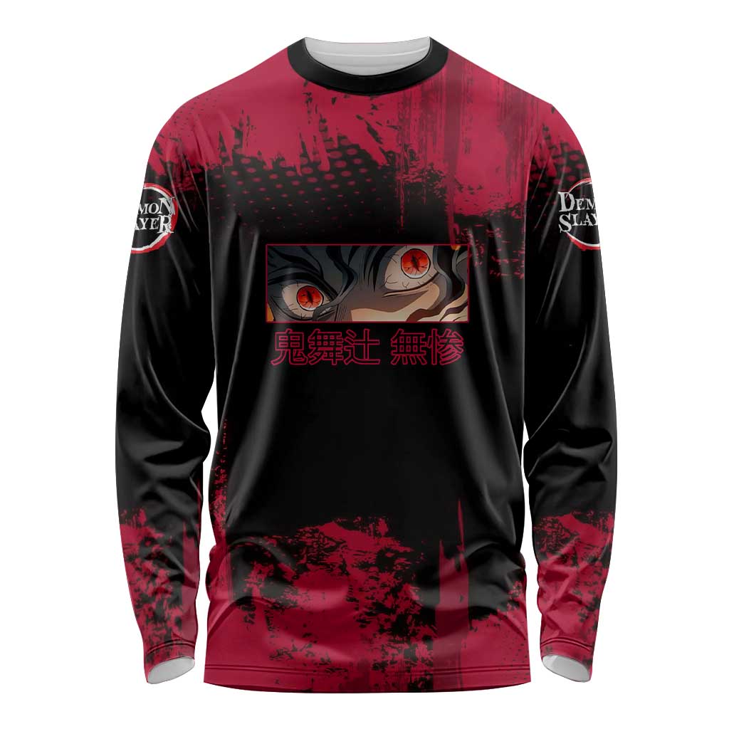Muzan Kibutsuji Demon Slayer Red Grunge Design Long Sleeve Shirt with Intense Eyes and Hat Outfit Pose - The Mazicc
