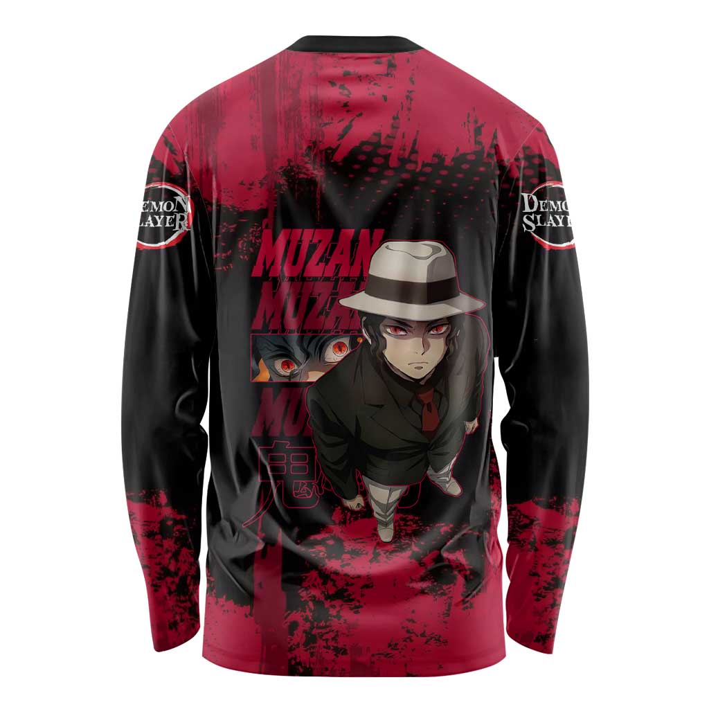 Muzan Kibutsuji Demon Slayer Red Grunge Design Long Sleeve Shirt with Intense Eyes and Hat Outfit Pose - The Mazicc