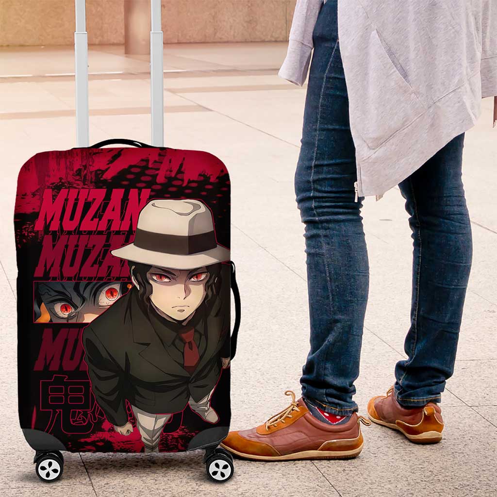 Muzan Kibutsuji Demon Slayer Red Grunge Design Luggage Cover with Intense Eyes and Hat Outfit Pose - The Mazicc