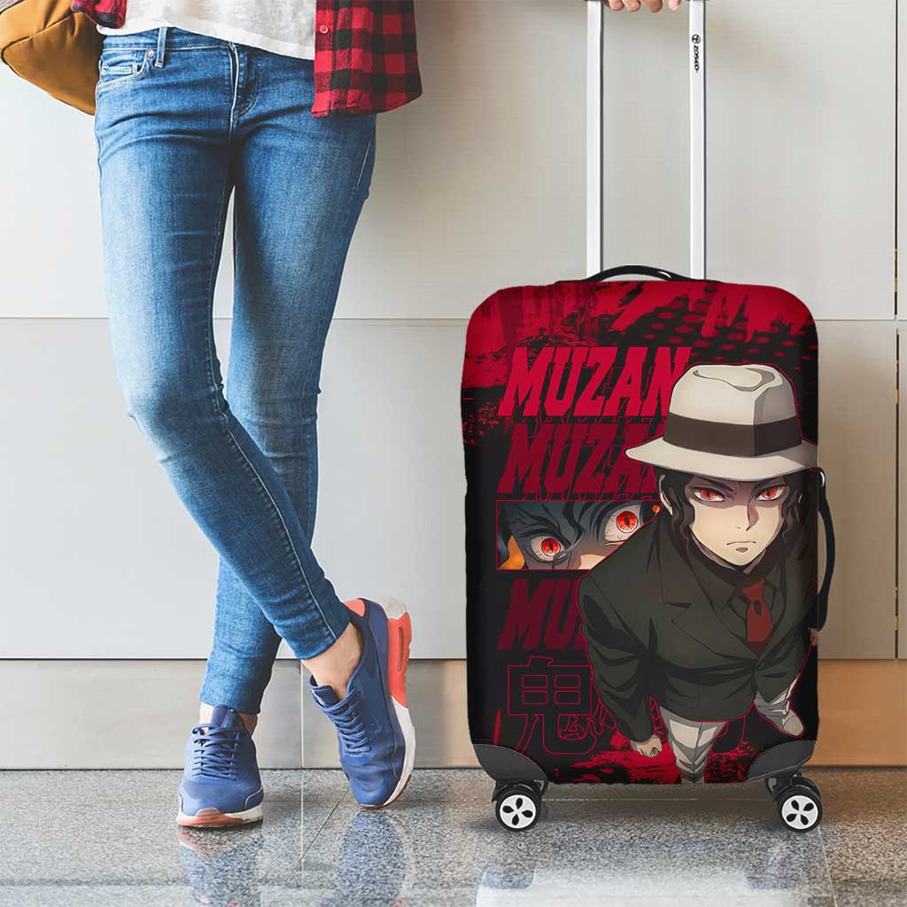 Muzan Kibutsuji Demon Slayer Red Grunge Design Luggage Cover with Intense Eyes and Hat Outfit Pose - The Mazicc