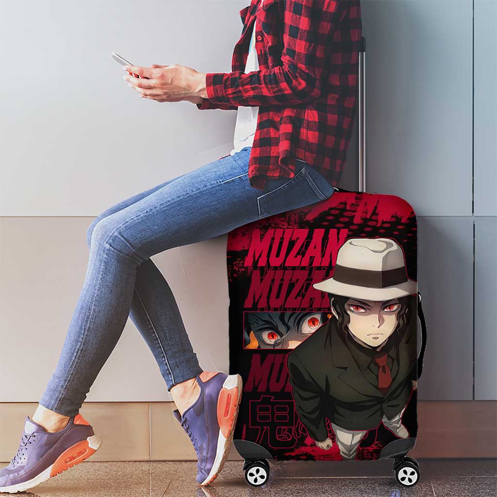 Muzan Kibutsuji Demon Slayer Red Grunge Design Luggage Cover with Intense Eyes and Hat Outfit Pose - The Mazicc