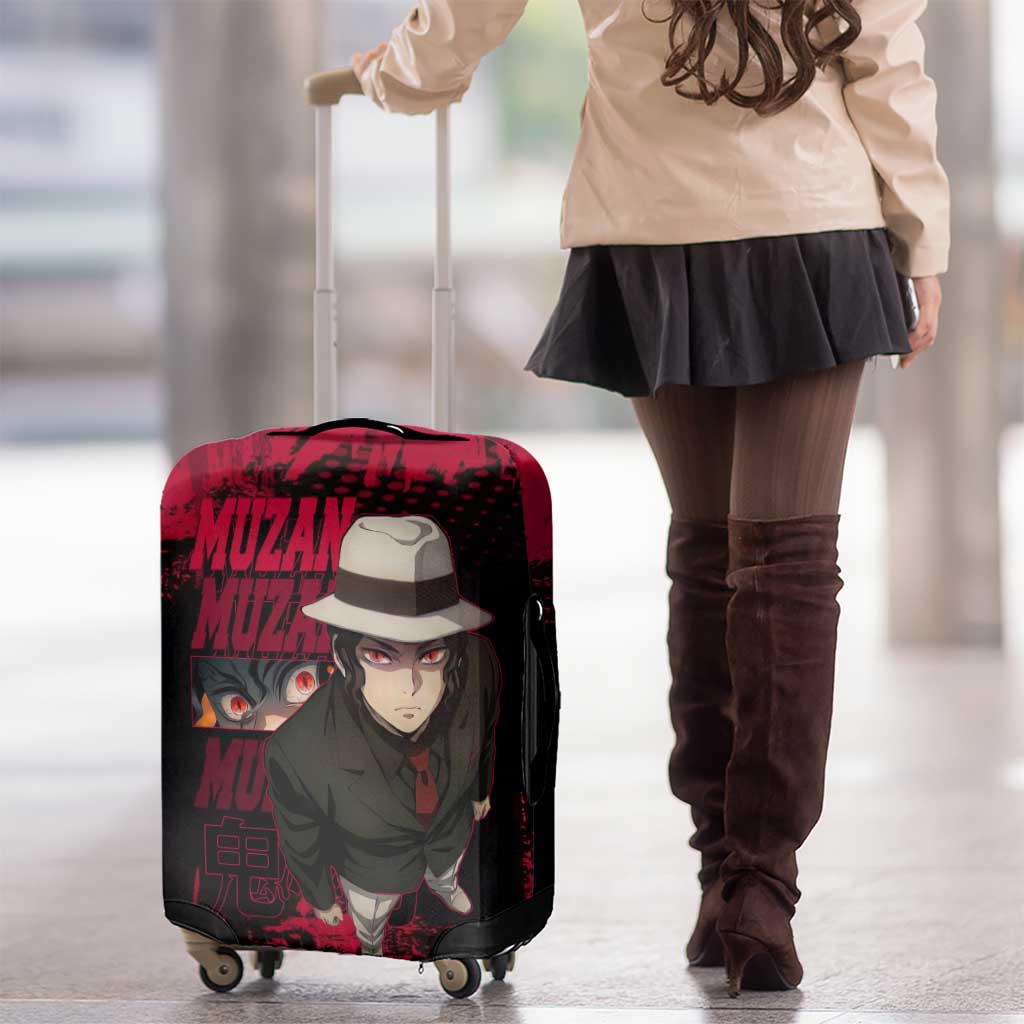 Muzan Kibutsuji Demon Slayer Red Grunge Design Luggage Cover with Intense Eyes and Hat Outfit Pose - The Mazicc