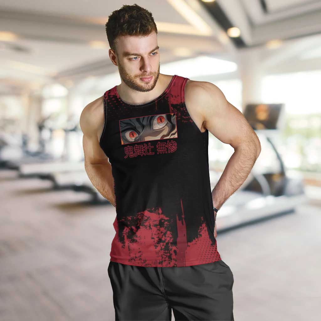 Muzan Kibutsuji Demon Slayer Red Grunge Design Men Tank Top with Intense Eyes and Hat Outfit Pose - The Mazicc