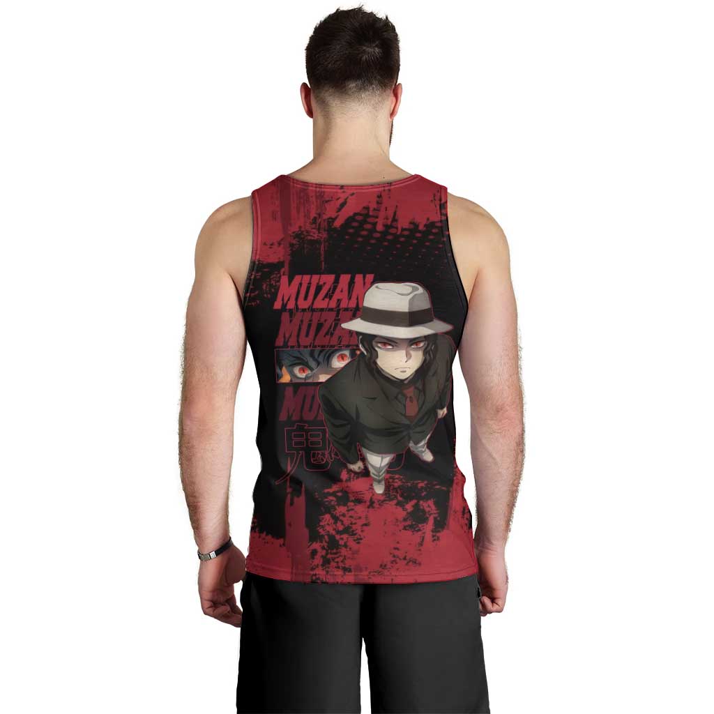 Muzan Kibutsuji Demon Slayer Red Grunge Design Men Tank Top with Intense Eyes and Hat Outfit Pose - The Mazicc