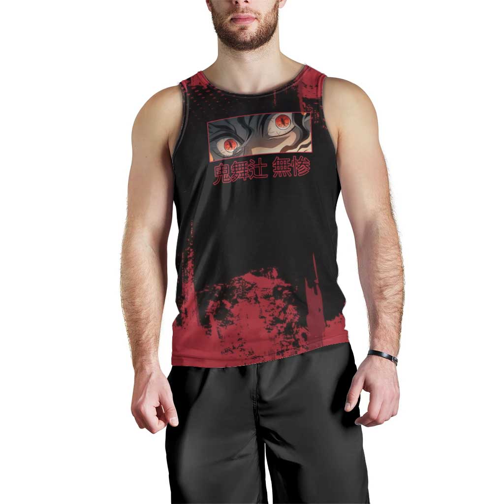 Muzan Kibutsuji Demon Slayer Red Grunge Design Men Tank Top with Intense Eyes and Hat Outfit Pose - The Mazicc