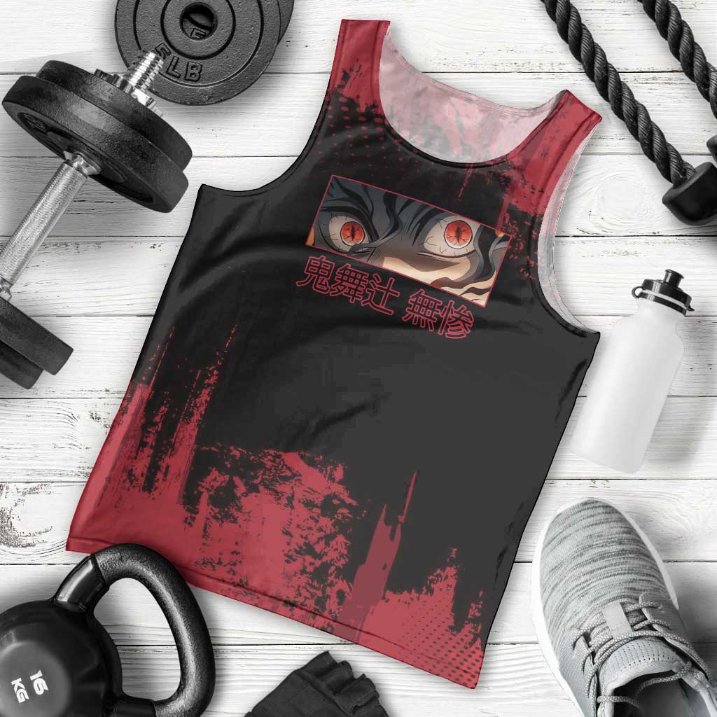 Muzan Kibutsuji Demon Slayer Red Grunge Design Men Tank Top with Intense Eyes and Hat Outfit Pose - The Mazicc