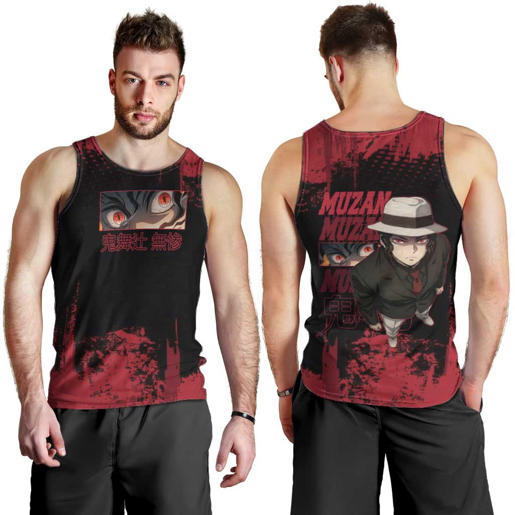 Muzan Kibutsuji Demon Slayer Red Grunge Design Men Tank Top with Intense Eyes and Hat Outfit Pose - The Mazicc