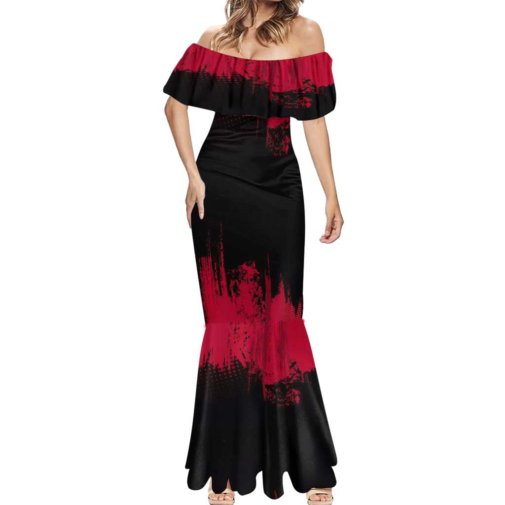 Muzan Kibutsuji Demon Slayer Red Grunge Design Mermaid Dress with Intense Eyes and Hat Outfit Pose - The Mazicc