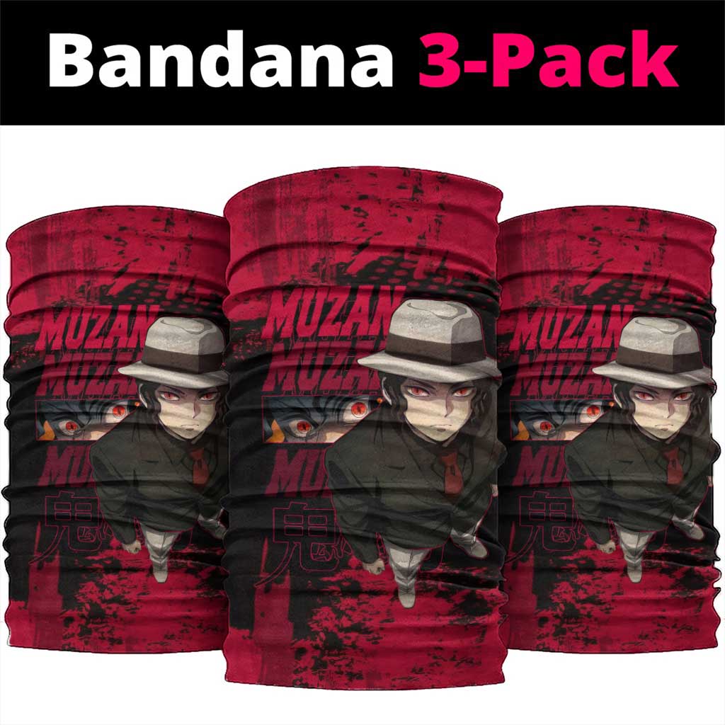 Muzan Kibutsuji Demon Slayer Red Grunge Design Neck Gaiter with Intense Eyes and Hat Outfit Pose - The Mazicc