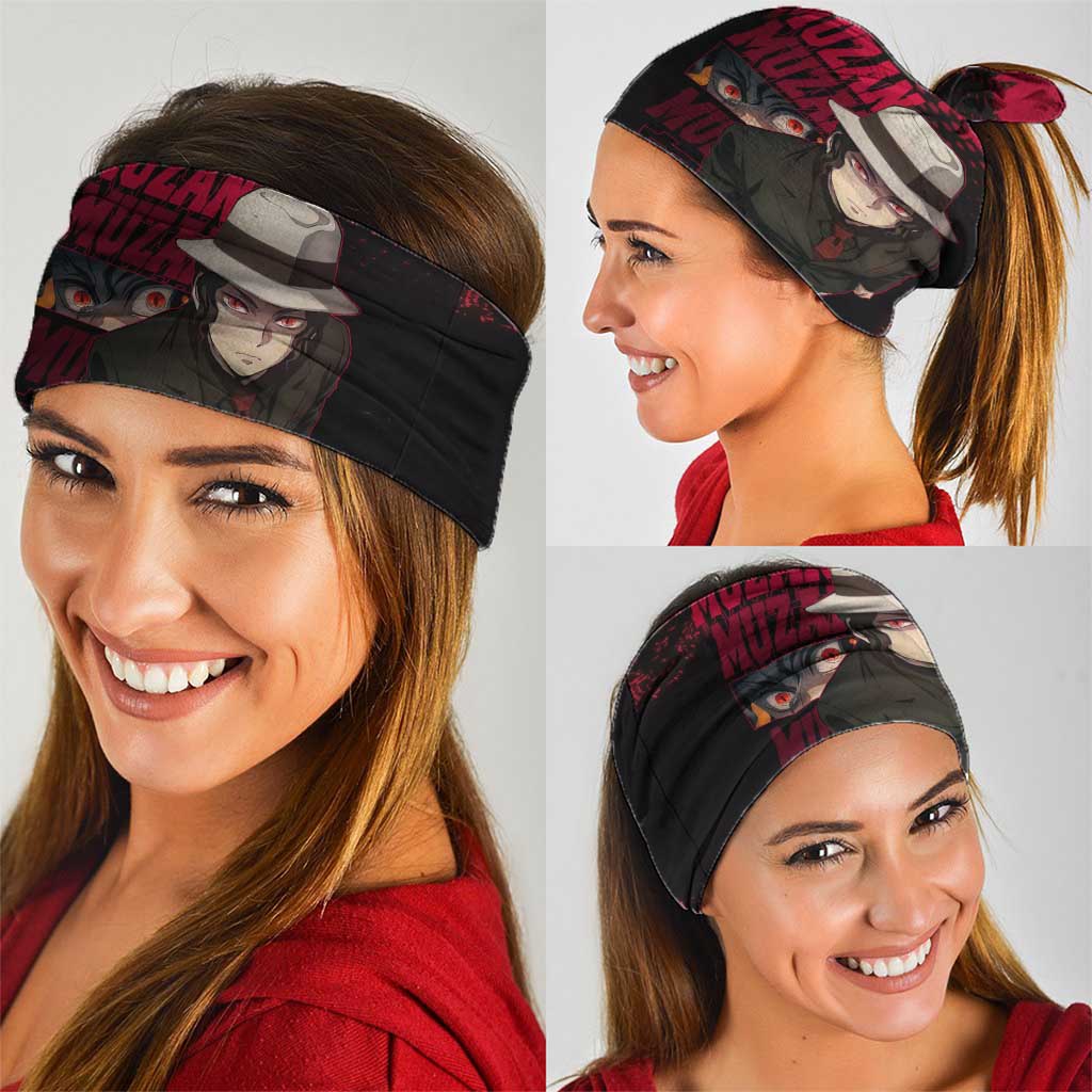 Muzan Kibutsuji Demon Slayer Red Grunge Design Neck Gaiter with Intense Eyes and Hat Outfit Pose - The Mazicc