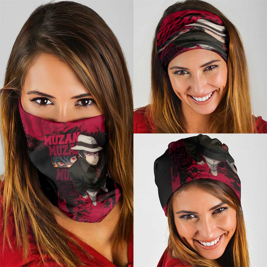 Muzan Kibutsuji Demon Slayer Red Grunge Design Neck Gaiter with Intense Eyes and Hat Outfit Pose - The Mazicc