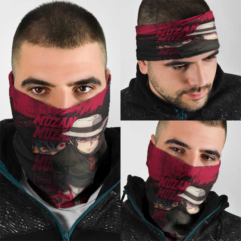 Muzan Kibutsuji Demon Slayer Red Grunge Design Neck Gaiter with Intense Eyes and Hat Outfit Pose - The Mazicc