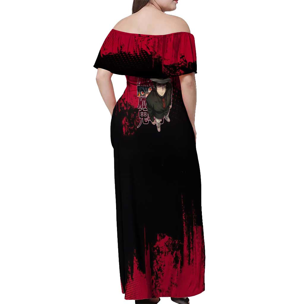 Muzan Kibutsuji Demon Slayer Red Grunge Design Off Shoulder Maxi Dress with Intense Eyes and Hat Outfit Pose - The Mazicc