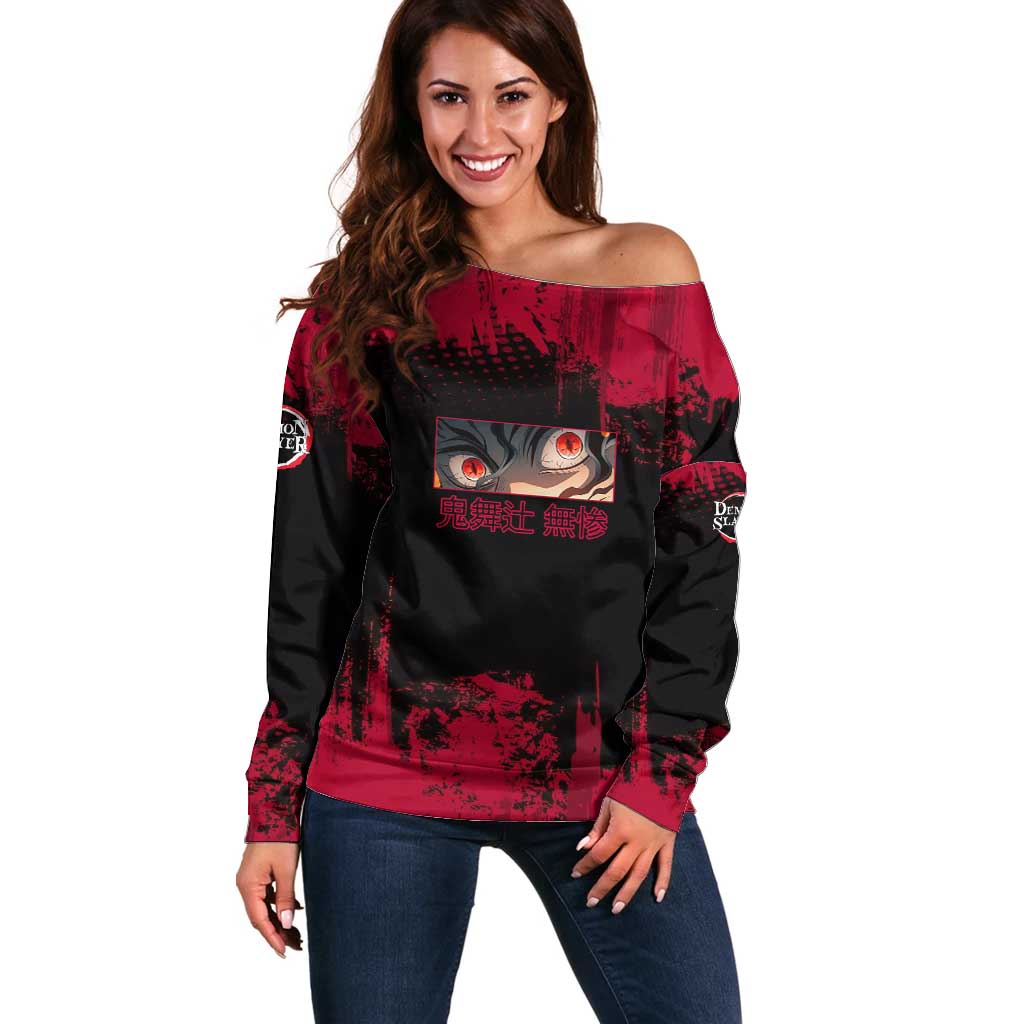Muzan Kibutsuji Demon Slayer Red Grunge Design Off Shoulder Sweater with Intense Eyes and Hat Outfit Pose - The Mazicc