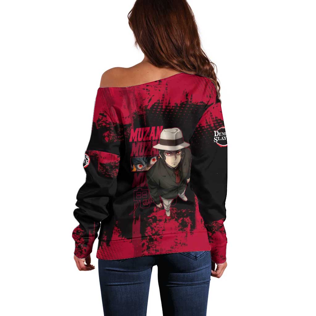 Muzan Kibutsuji Demon Slayer Red Grunge Design Off Shoulder Sweater with Intense Eyes and Hat Outfit Pose - The Mazicc