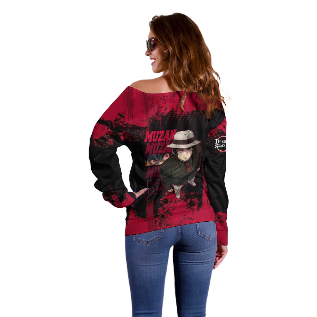 Muzan Kibutsuji Demon Slayer Red Grunge Design Off Shoulder Sweater with Intense Eyes and Hat Outfit Pose - The Mazicc