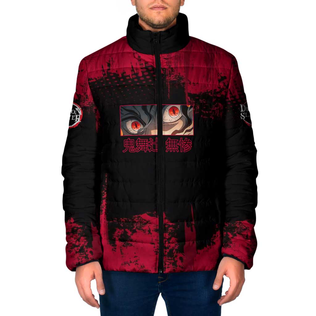 Muzan Kibutsuji Demon Slayer Red Grunge Design Padded Jacket with Intense Eyes and Hat Outfit Pose - The Mazicc