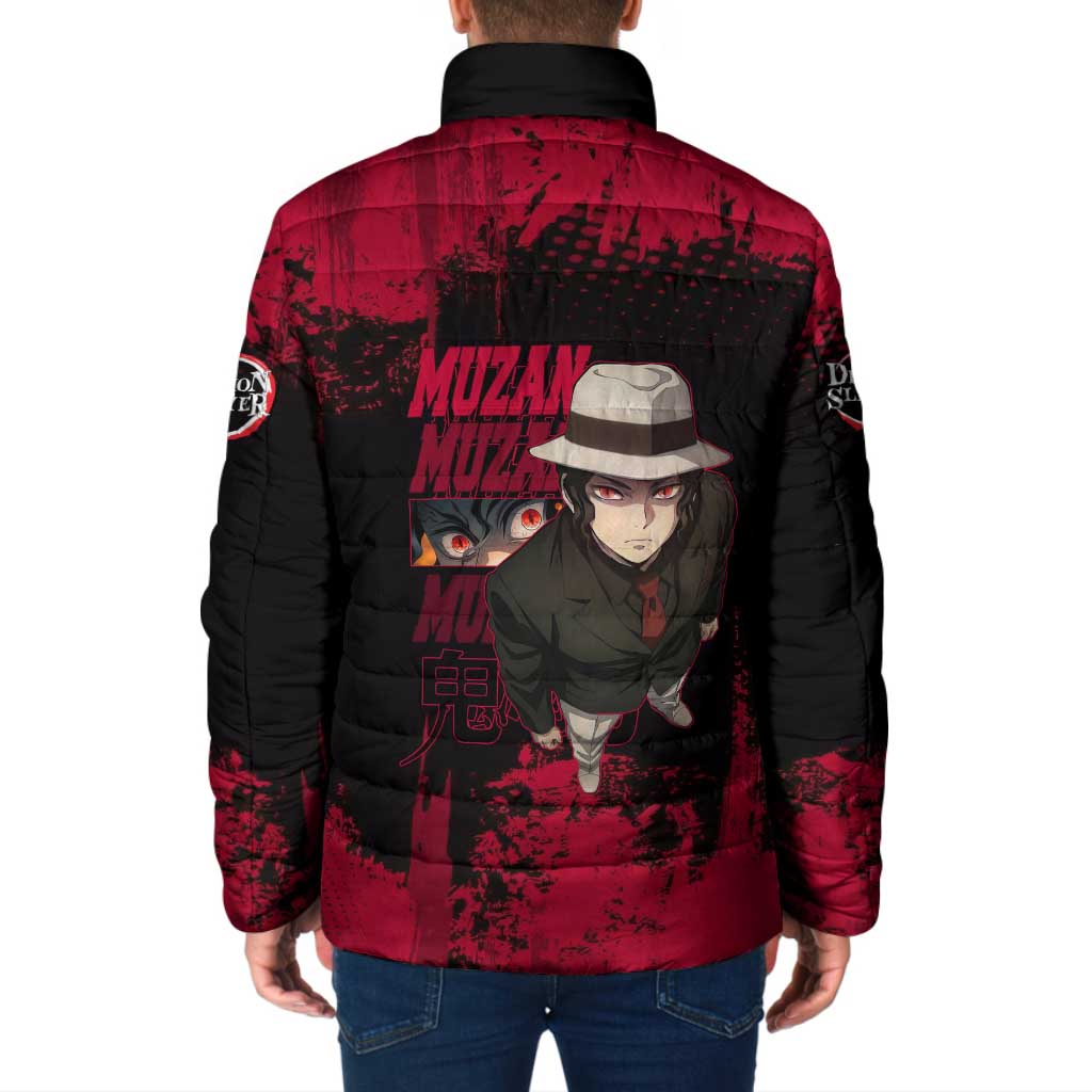 Muzan Kibutsuji Demon Slayer Red Grunge Design Padded Jacket with Intense Eyes and Hat Outfit Pose - The Mazicc