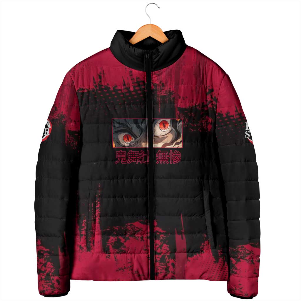 Muzan Kibutsuji Demon Slayer Red Grunge Design Padded Jacket with Intense Eyes and Hat Outfit Pose - The Mazicc
