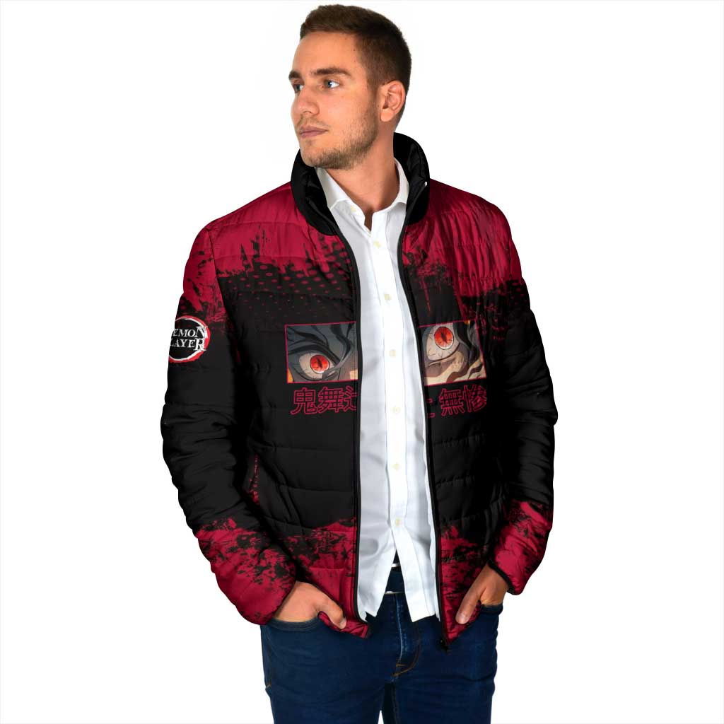 Muzan Kibutsuji Demon Slayer Red Grunge Design Padded Jacket with Intense Eyes and Hat Outfit Pose - The Mazicc
