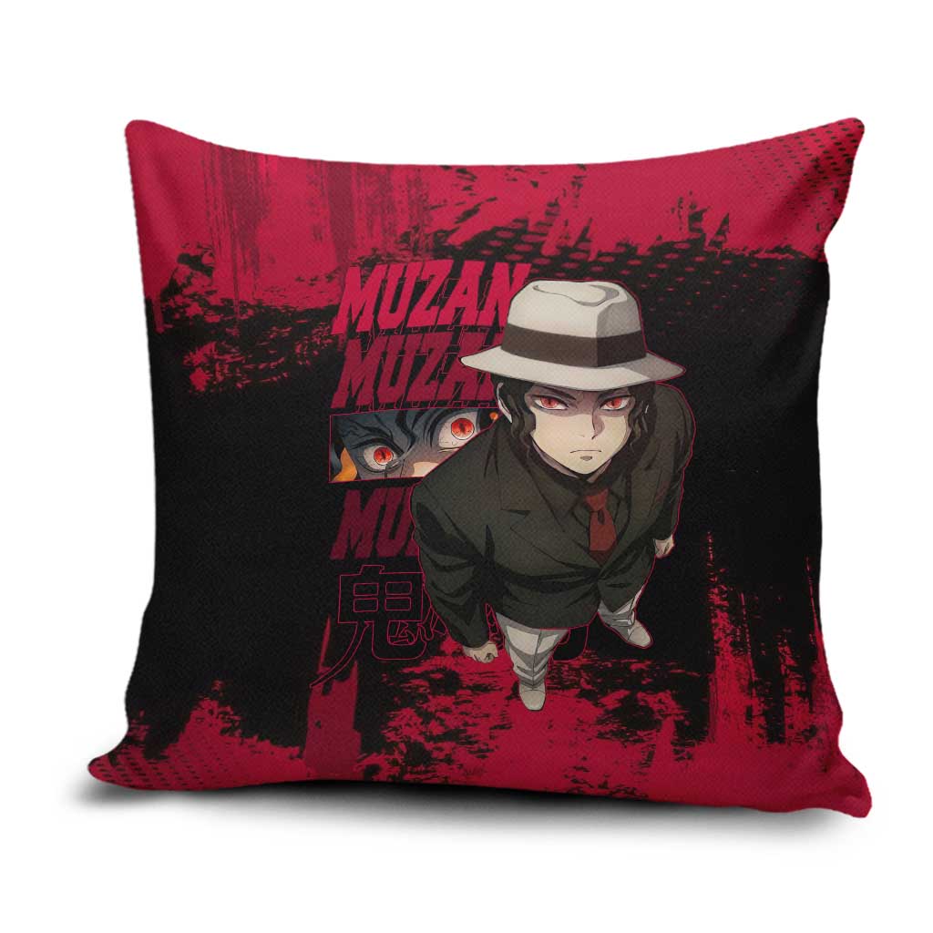 Muzan Kibutsuji Demon Slayer Red Grunge Design Pillow Cover with Intense Eyes and Hat Outfit Pose - The Mazicc