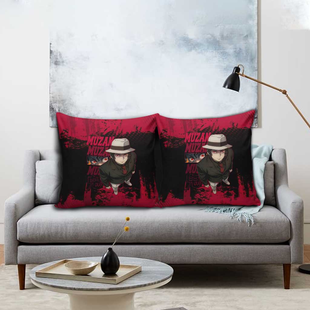 Muzan Kibutsuji Demon Slayer Red Grunge Design Pillow Cover with Intense Eyes and Hat Outfit Pose - The Mazicc