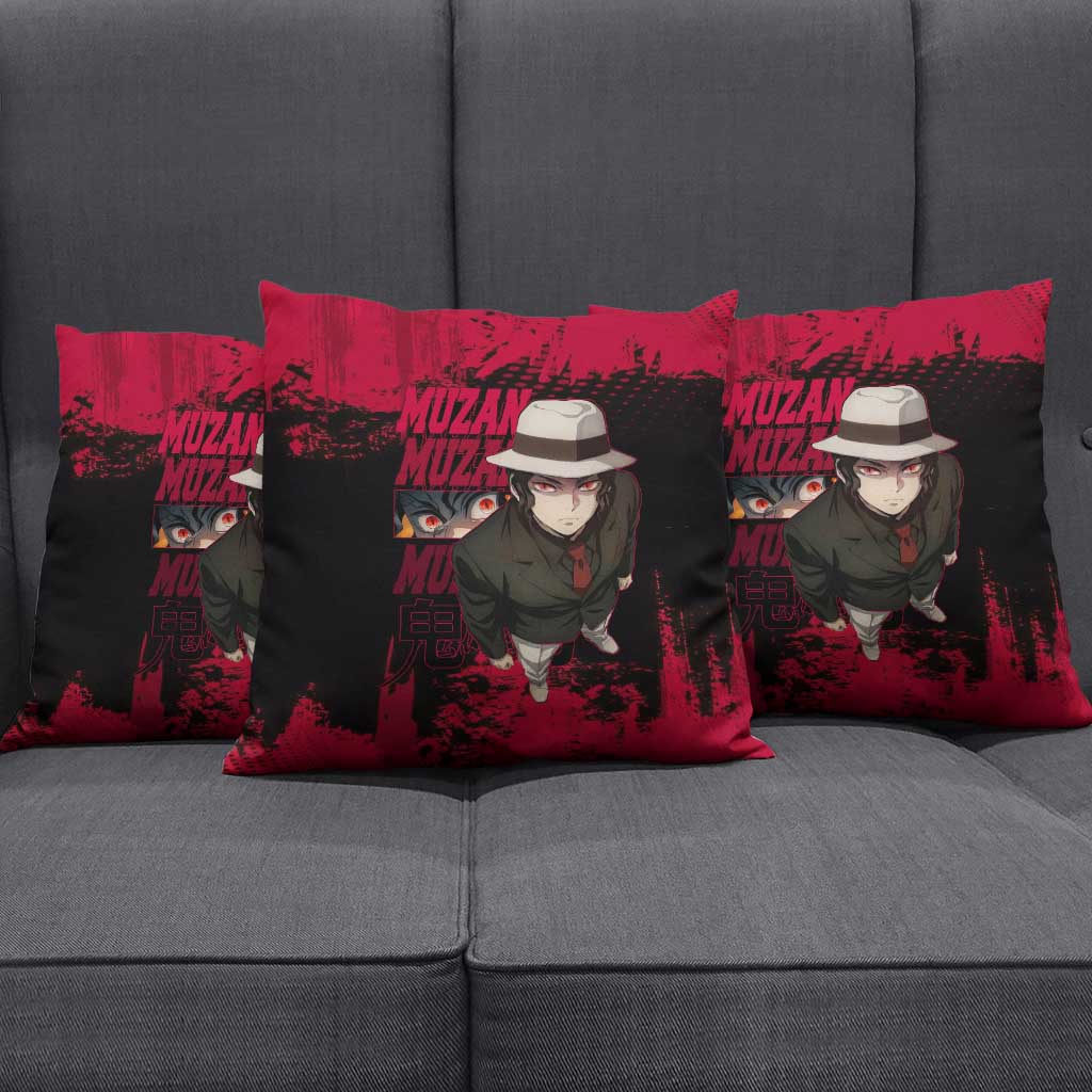 Muzan Kibutsuji Demon Slayer Red Grunge Design Pillow Cover with Intense Eyes and Hat Outfit Pose - The Mazicc