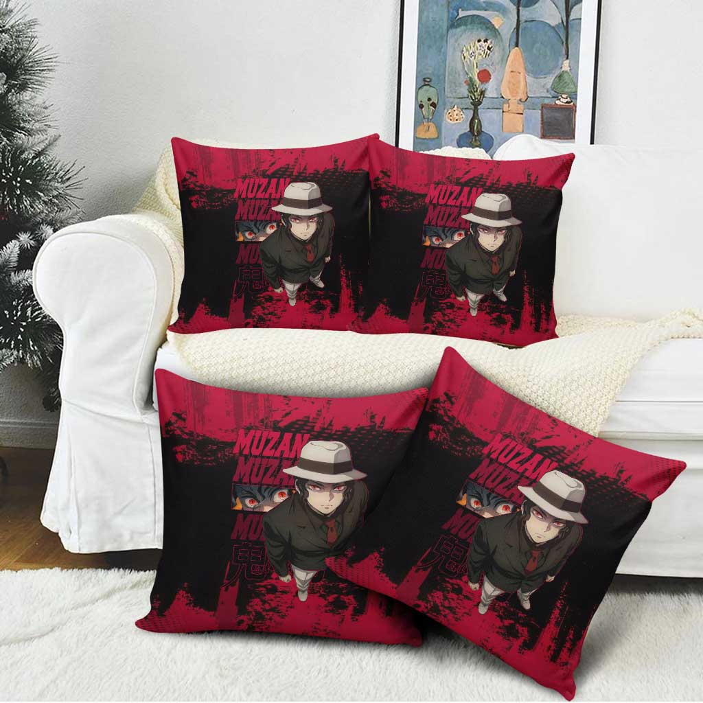 Muzan Kibutsuji Demon Slayer Red Grunge Design Pillow Cover with Intense Eyes and Hat Outfit Pose - The Mazicc