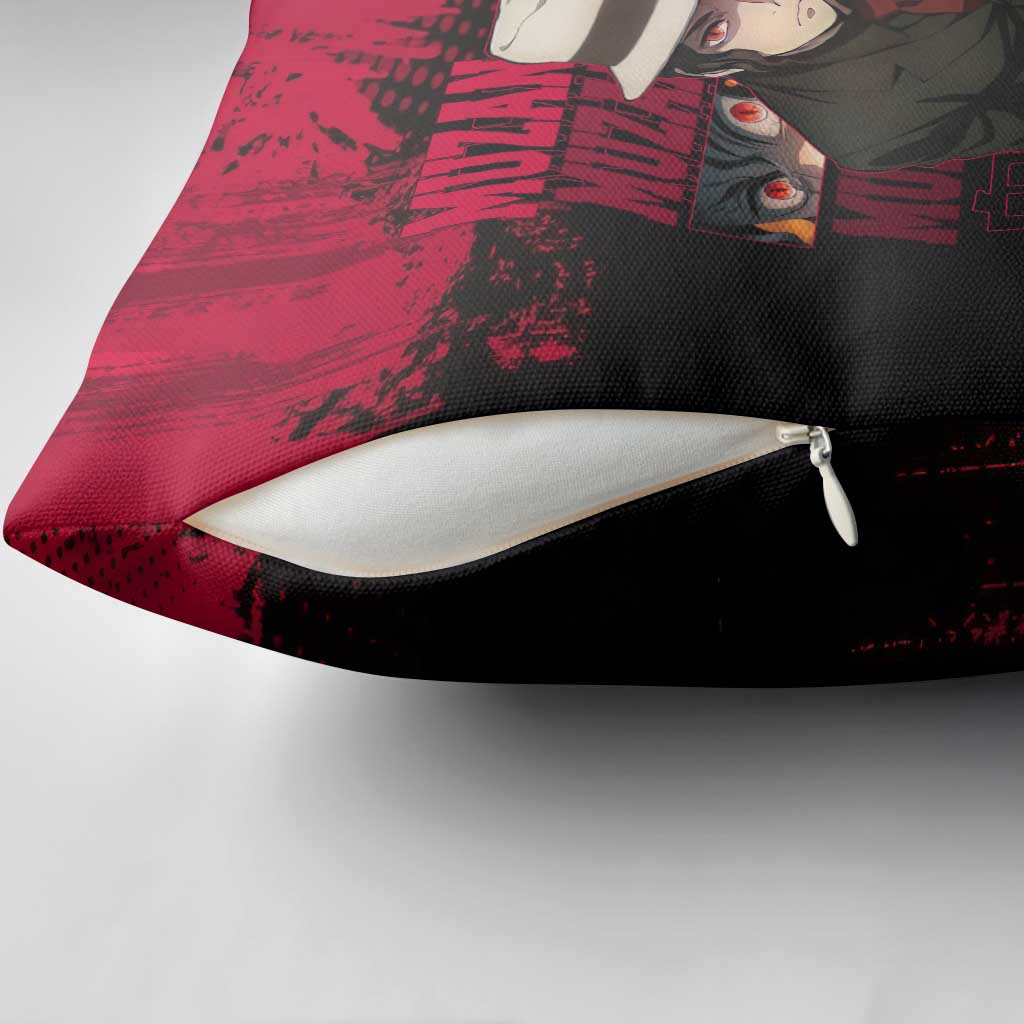Muzan Kibutsuji Demon Slayer Red Grunge Design Pillow Cover with Intense Eyes and Hat Outfit Pose - The Mazicc
