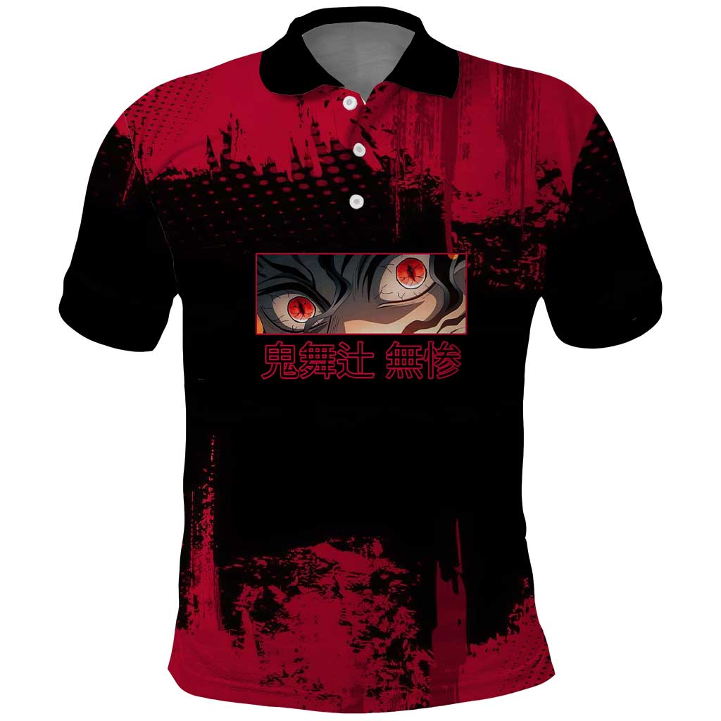 Muzan Kibutsuji Demon Slayer Red Grunge Design Polo Shirt with Intense Eyes and Hat Outfit Pose - The Mazicc