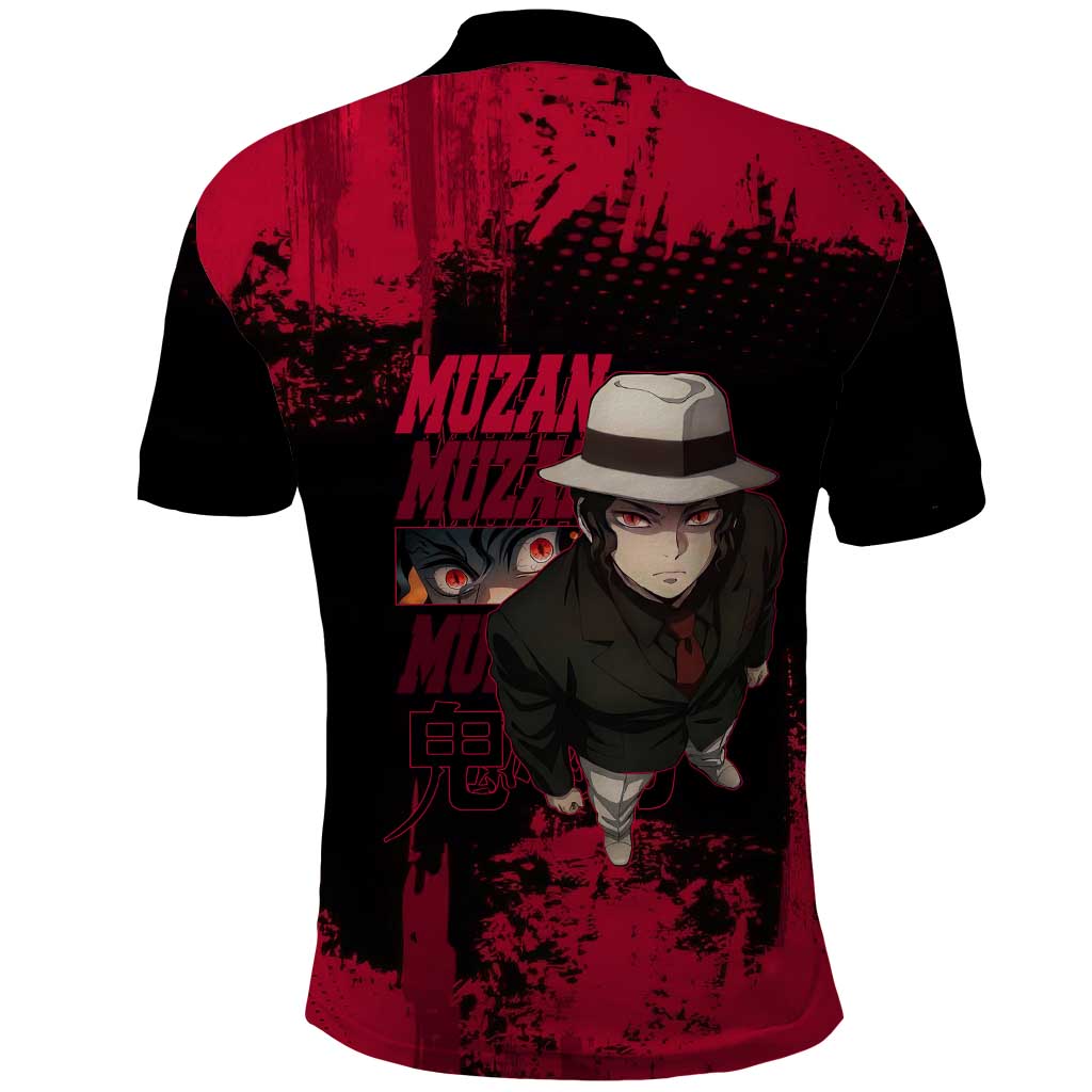 Muzan Kibutsuji Demon Slayer Red Grunge Design Polo Shirt with Intense Eyes and Hat Outfit Pose - The Mazicc