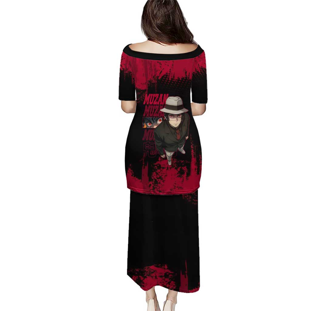Muzan Kibutsuji Demon Slayer Red Grunge Design Puletasi with Intense Eyes and Hat Outfit Pose - The Mazicc