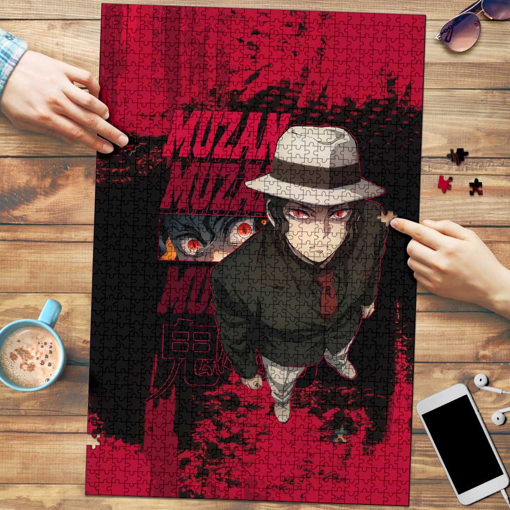 Muzan Kibutsuji Demon Slayer Red Grunge Design Puzzle with Intense Eyes and Hat Outfit Pose - The Mazicc
