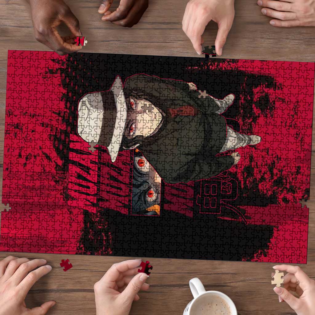 Muzan Kibutsuji Demon Slayer Red Grunge Design Puzzle with Intense Eyes and Hat Outfit Pose - The Mazicc