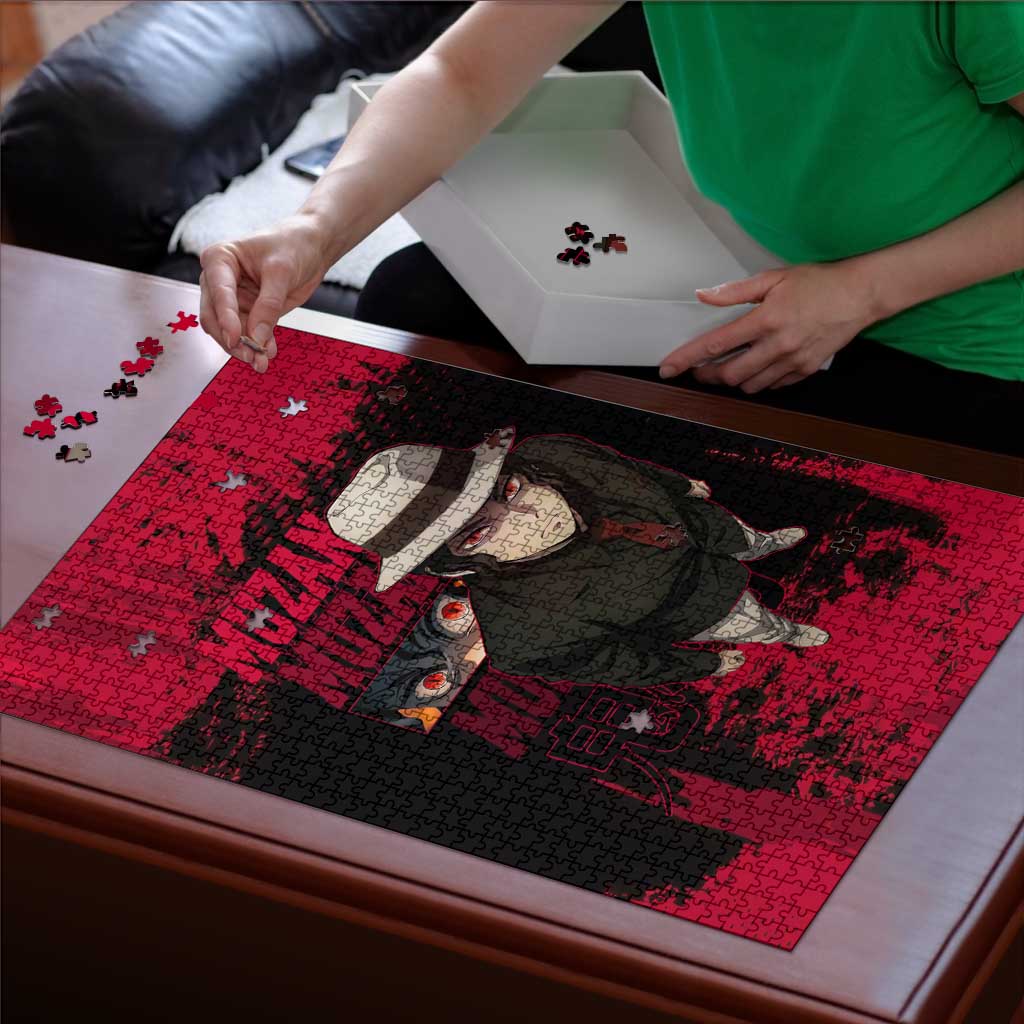 Muzan Kibutsuji Demon Slayer Red Grunge Design Puzzle with Intense Eyes and Hat Outfit Pose - The Mazicc