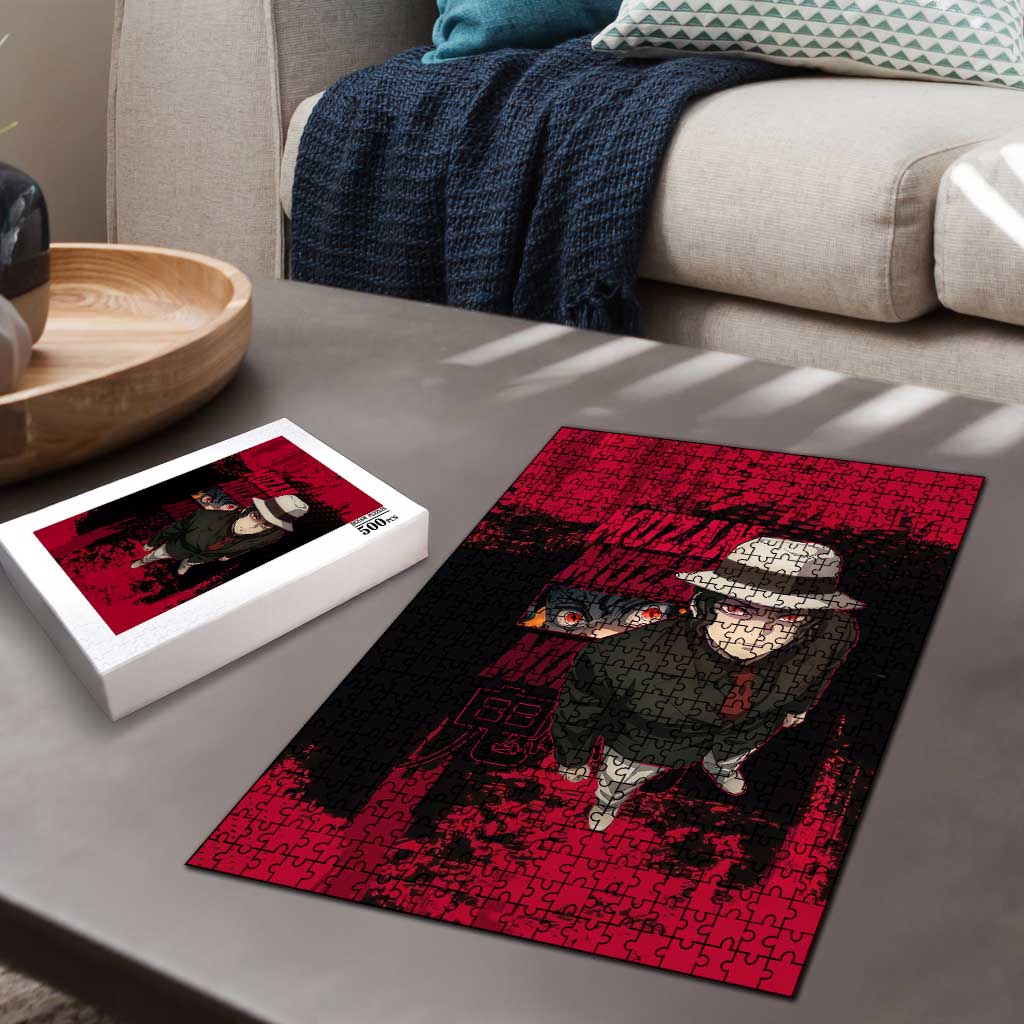 Muzan Kibutsuji Demon Slayer Red Grunge Design Puzzle with Intense Eyes and Hat Outfit Pose - The Mazicc