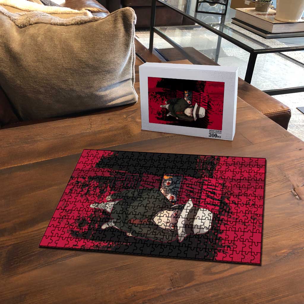 Muzan Kibutsuji Demon Slayer Red Grunge Design Puzzle with Intense Eyes and Hat Outfit Pose - The Mazicc
