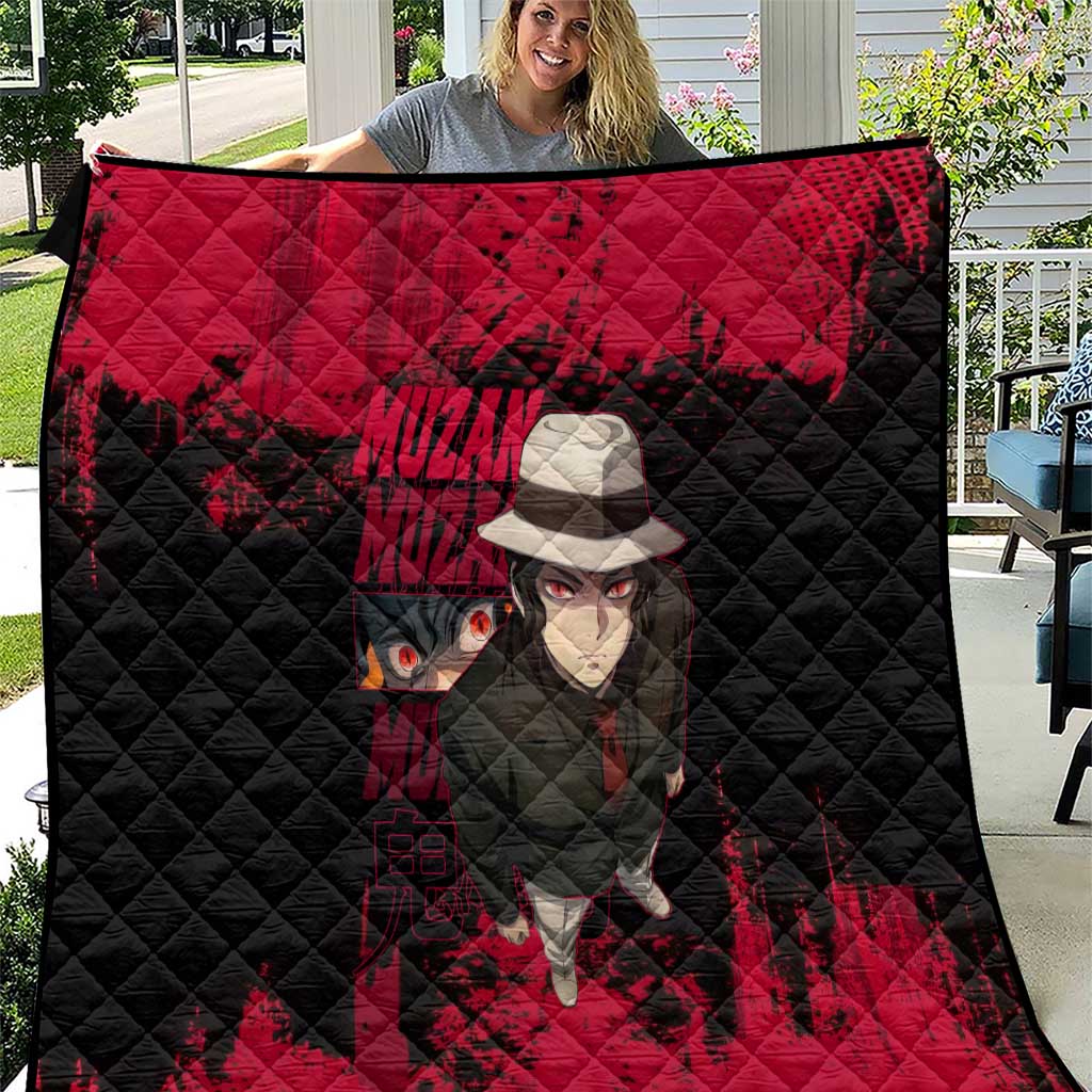 Muzan Kibutsuji Demon Slayer Red Grunge Design Quilt with Intense Eyes and Hat Outfit Pose - The Mazicc