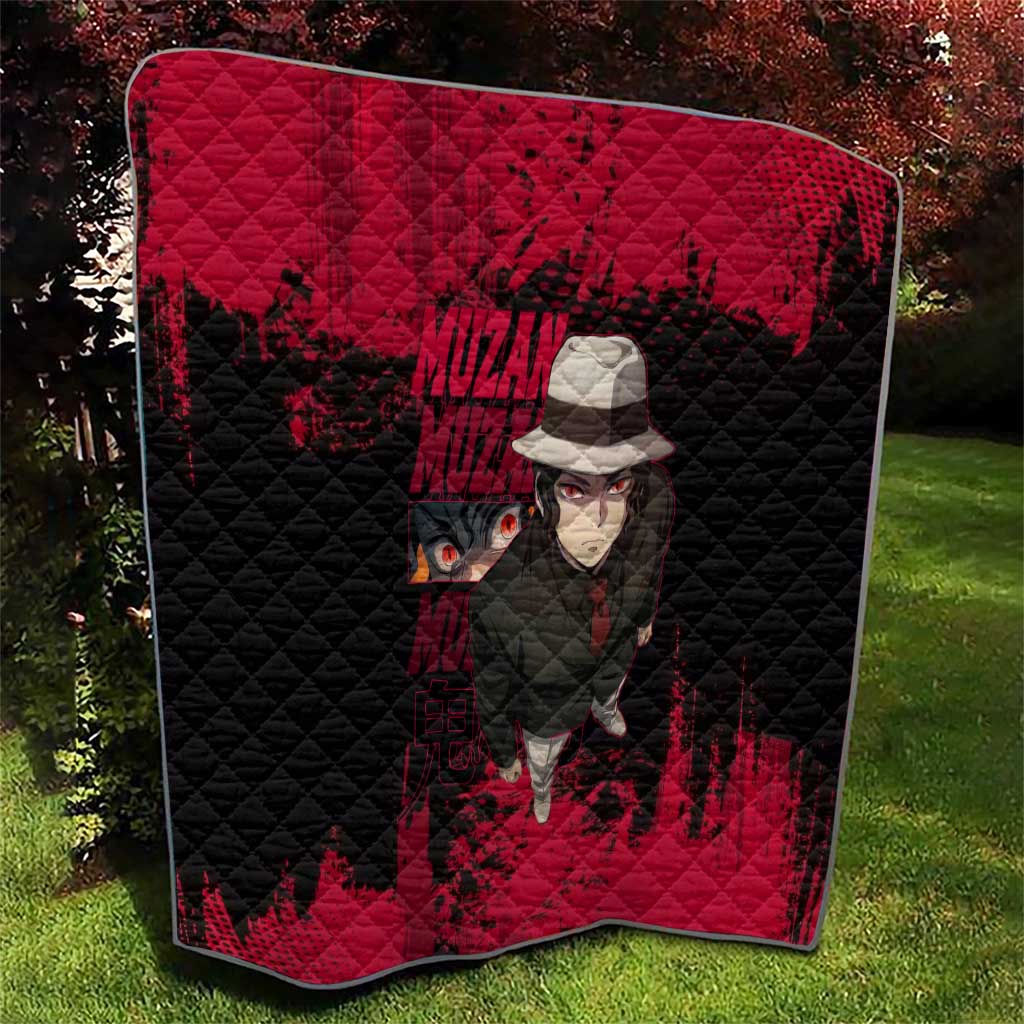 Muzan Kibutsuji Demon Slayer Red Grunge Design Quilt with Intense Eyes and Hat Outfit Pose - The Mazicc