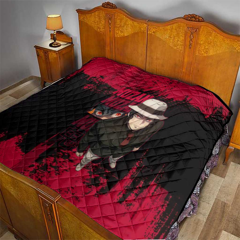Muzan Kibutsuji Demon Slayer Red Grunge Design Quilt with Intense Eyes and Hat Outfit Pose - The Mazicc