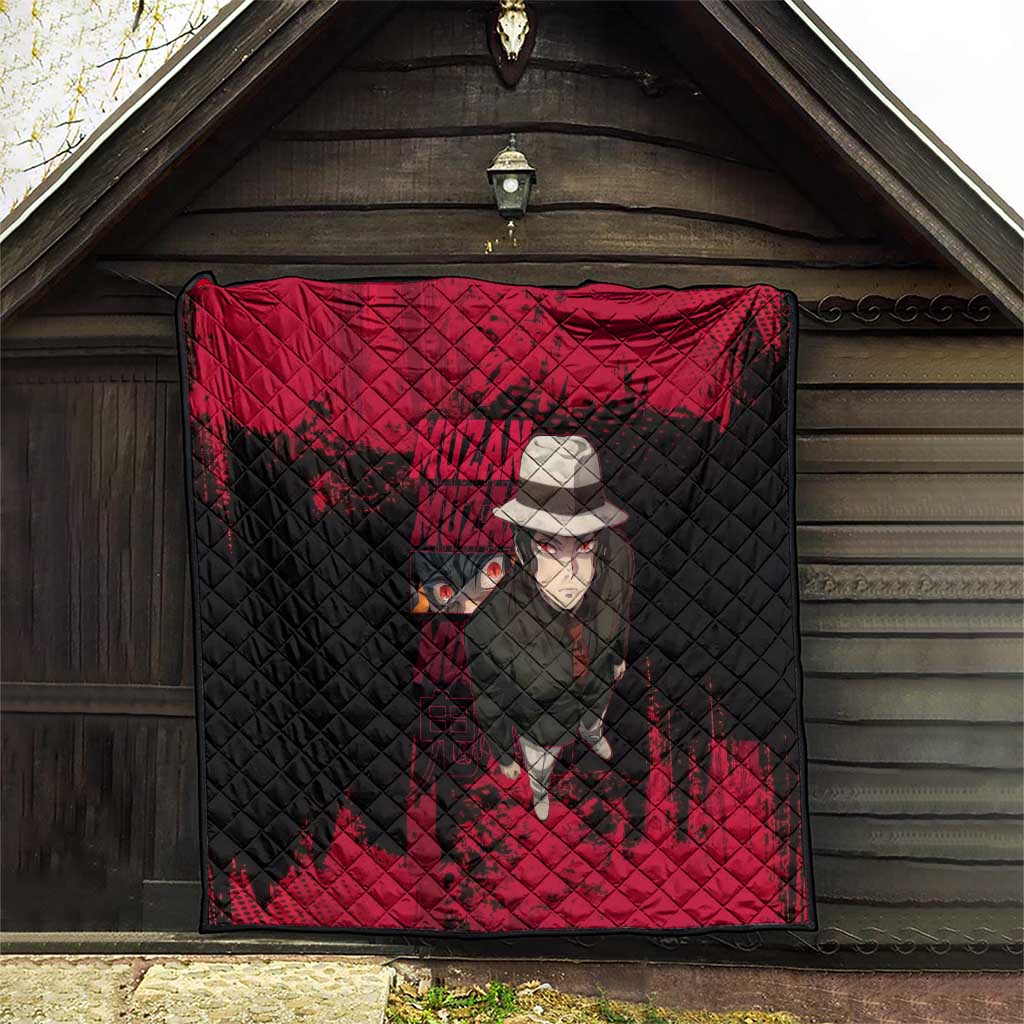 Muzan Kibutsuji Demon Slayer Red Grunge Design Quilt with Intense Eyes and Hat Outfit Pose - The Mazicc