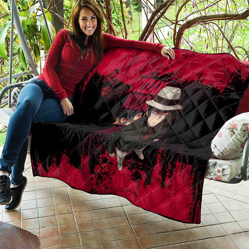 Muzan Kibutsuji Demon Slayer Red Grunge Design Quilt with Intense Eyes and Hat Outfit Pose - The Mazicc