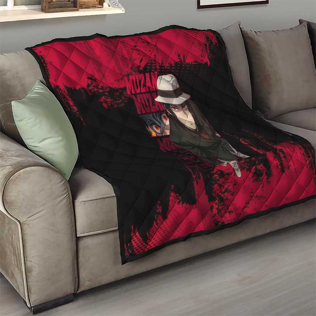 Muzan Kibutsuji Demon Slayer Red Grunge Design Quilt with Intense Eyes and Hat Outfit Pose - The Mazicc