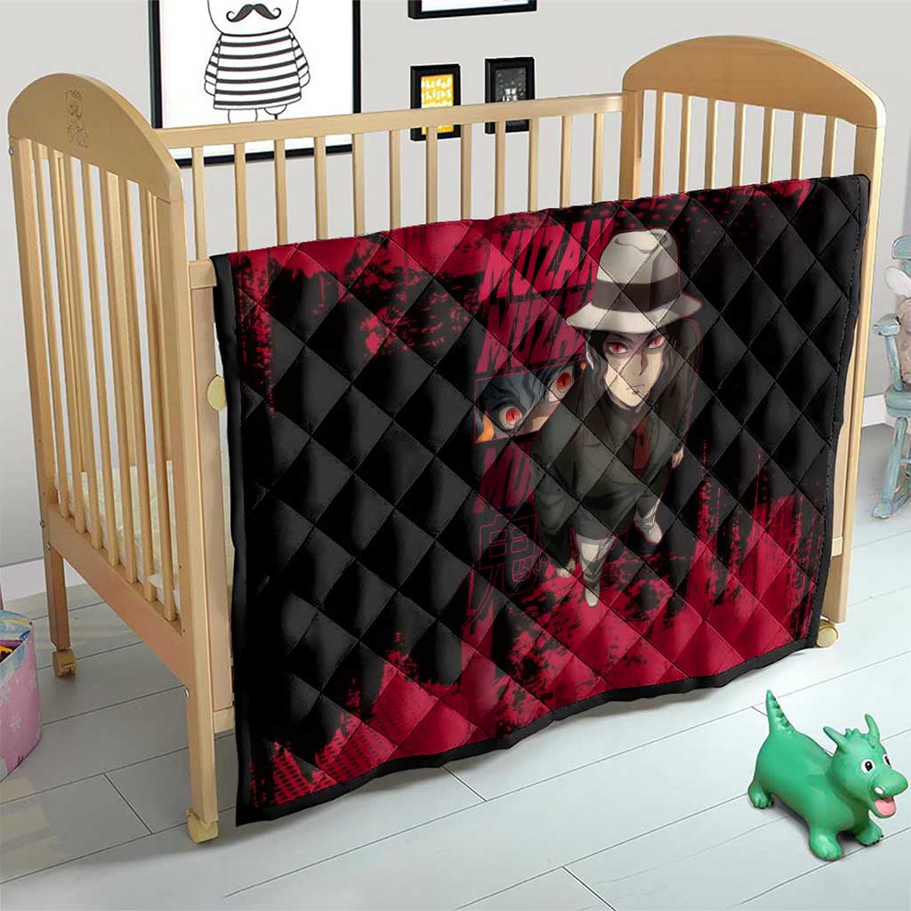 Muzan Kibutsuji Demon Slayer Red Grunge Design Quilt with Intense Eyes and Hat Outfit Pose - The Mazicc
