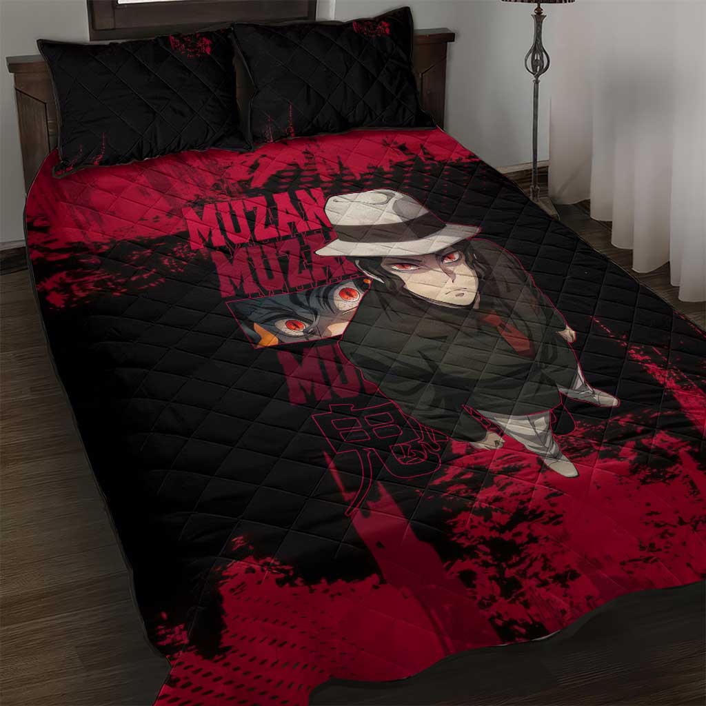 Muzan Kibutsuji Demon Slayer Red Grunge Design Quilt Bed Set with Intense Eyes and Hat Outfit Pose - The Mazicc