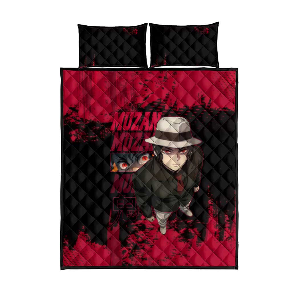 Muzan Kibutsuji Demon Slayer Red Grunge Design Quilt Bed Set with Intense Eyes and Hat Outfit Pose - The Mazicc