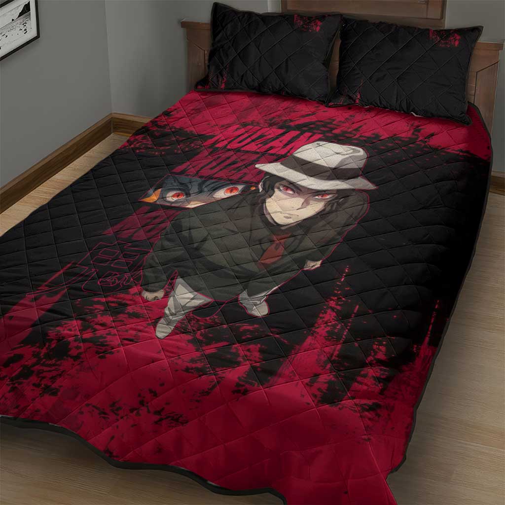 Muzan Kibutsuji Demon Slayer Red Grunge Design Quilt Bed Set with Intense Eyes and Hat Outfit Pose - The Mazicc